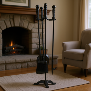 Juego de Herramientas para Chimenea de 4 Piezas, Hierro Forjado Negro, Soporte de Tres Puntas, Pala para Cenizas, Llameador, Estilo Clásico para Leña Interior - Product Image 2