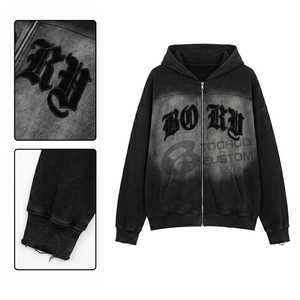 เสื้อฮู้ดดี้เฟรนช์เทอร์รี่แบบหนา 400 กรัม สไตล์สตรีทแวร์ทรงโอเวอร์ไซส์ ทรงบ็อกซี่ วินเทจ ลายพิมพ์นูนแบบดิสเทรส สำหรับผู้ชาย - Product Image 1