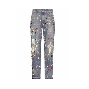 DS-Fabricante de pantalones vaqueros personalizados, Pantalones vaqueros de pierna recta con adornos de piedra azul - Product Image 2