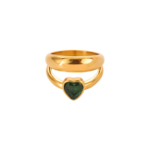 Bague en acier inoxydable en forme de cœur incrustée de zircon vert, plaquée or 18 carats, empilable, pour femme - Product Image 4
