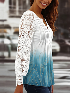 เสื้อเบลาส์ลูกไม้แขนยาวคอวีสำหรับผู้หญิงไซส์ใหญ่ สีขาวไล่เฉดสีน้ำเงิน เสื้อเฮนลีย์ลำลองสำหรับฤดูใบไม้ผลิ - Product Image 4