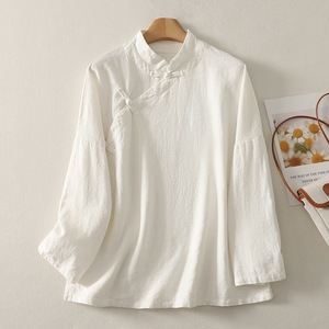 Women's Ramie Linen Shirt Stand Collar Frog Button Chinese Style Tea Dress Top Beige White Autumn Casual Wear - Product Image 4