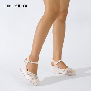 Coco Siliya <b>Wedges</b> Sandals <b>Closed</b> <b>Toe</b> Straw Outsole Buckle Closure Breathable Women's Shoes - Product Image 2