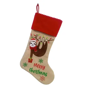 Chaussettes de Noël personnalisées en lin brodé avec monogramme de 18 pouces, motif paresseux du Père Noël, pour cadeaux de Noël et fournitures de fête - Product Image 6