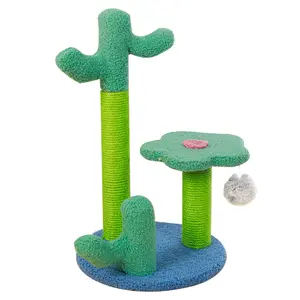casa gato gato condominio Suppliers-Casa de madera con árbol para gato, casa de juguete interactivo para mascotas con bonito Cactus y arañazos
