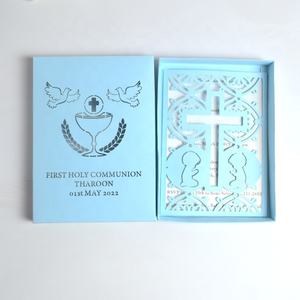 Carte d'invitation de première communion de croix découpée au laser avec boîte d'invitation de calice de baptême personnalisée - Product Image 4