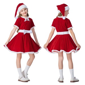 Pinseed Girls Velvet <b>Christmas</b> Dress Set Red Santa <b>Costume</b> With Hat - Product Image 1