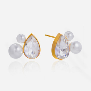 Boucles d'oreilles pendantes en forme de goutte d'eau, perle et strass, plaqué or, acier inoxydable, sertissage clos, bijoux fantaisie, cadeau - Product Image 1