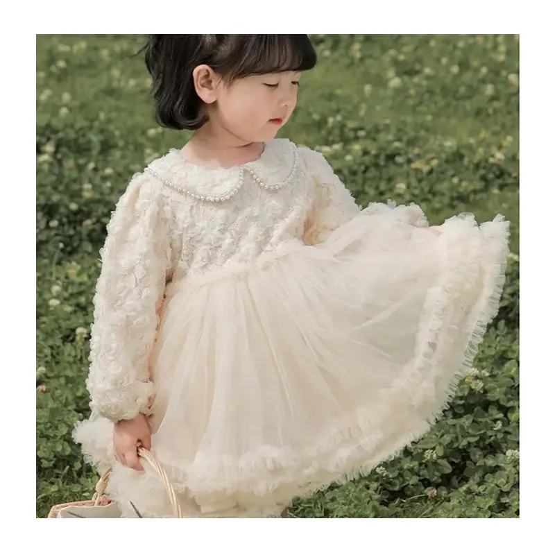 Baby Girls Tulle Frock Party Dress Manga Longa Branco Flor Tutu Vestido Para Crianças Um Ano Baby Girl Dress Para Aniversário