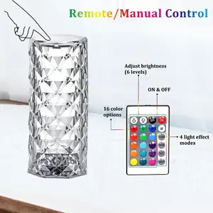 Hot Sale High Quality RGB 16 Colors LED Rechargeable Rose Crystal Table Lamp Touch Control