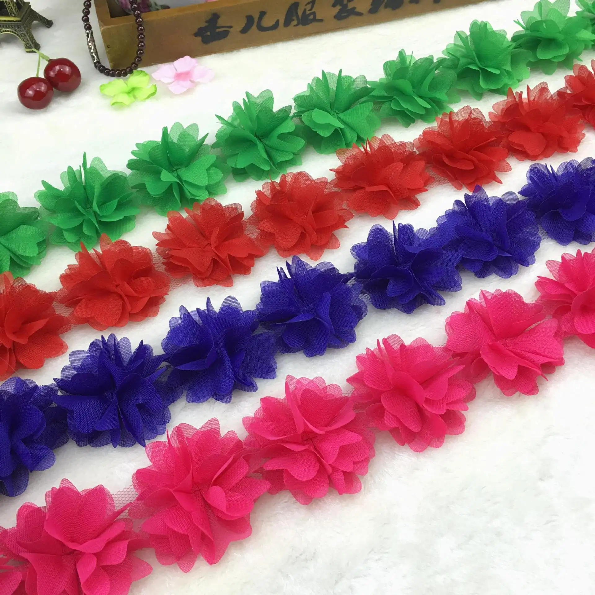 Tela de gasa 3D con flecos de grupo de flores, cinta de encaje embellecedora, Organza, apliques de tela, accesorios de costura para vestido