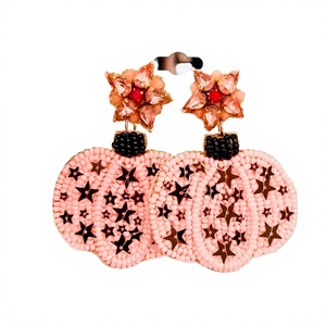 Handmade Embroidered Cotton Pink Glass Beads Star <b>Earrings</b> with Flower Top Gold Tone <b>Studs</b> for Halloween Christmas Party - Product Image 1