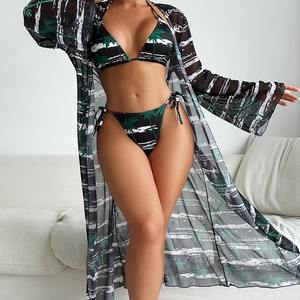 2025 maillot de bain bikini à fleurs pour femmes bonne vente ensemble de trois pièces en tissu spécial avec position du logo avant - Product Image 3