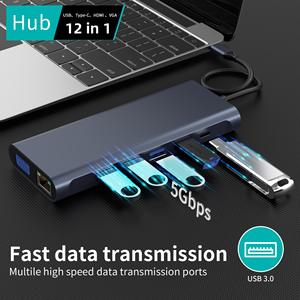 Base de Conexión USB-C 12 en 1 Personalizada X527 con Doble Ranura SD, Ranura TF, USB 3.1, USB-C 10 Gbps, PD 100 W, RJ45 y Audio de 3.5 mm para Computadora - Product Image 3