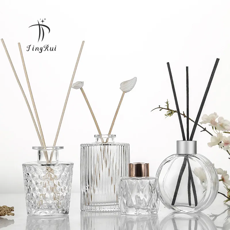 high-quality round semi-transparent black aromatherapy reed fragrance glass diffuser bottle with fiber stick and box packaging