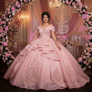 Robe de bal élégante Lsany280 rose poudré, col cœur, broderie florale scintillante, volants superposés, robe de Quinceañera Jancember - Product Image 1