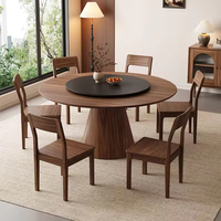 Table à manger ronde de haute qualité, style luxe léger, plateau tournant, en noyer noir massif.