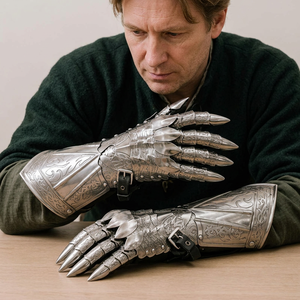 Gants en acier inoxydable plaqué argent, style antique moderne, armure polie en relief, objet de collection artistique, forme irrégulière - Product Image 1