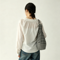 Chemisier OEM plissé à col en V pour femme, manches longues bouffantes, boutonné, décontracté, quotidien, coupe ample, col élastique, élégant