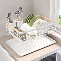 Rak piring dapur multifungsi, lemari dapur kapasitas besar multifungsi, Laci, pegangan kayu, penyimpanan, Pengering piring
