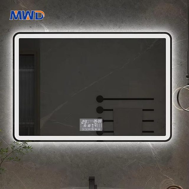 MWD Modern Large Rectangular Anti Fog Smart Led Hotel Bathroom Wall Mounted Vanity Mirror Frameless Custom Logo Graphic Design