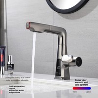 Robinet de lavabo moderne de luxe à poignée unique et à trou unique, à poser sur le plan, finition brossée, eau chaude/froide, cartouche céramique, lumière LED