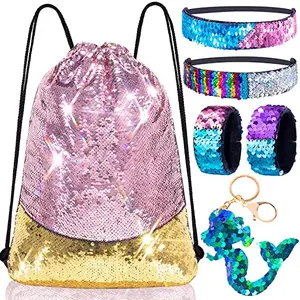 2020 Hot Sale Custom Small Pink Mermaid Reversible Sequin School bags Drawstring Backpacks for Kids Girls