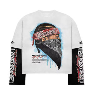 Diseño personalizado gráficos camisas de algodón de manga larga de gran tamaño <span class=keywords><strong>Cid</strong></span> Wash Boxy recortada empalme de doble capa Camiseta de manga larga - Product Image 3