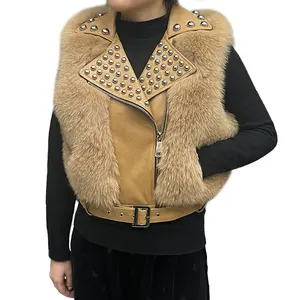 Jancoco Custom Fashion Sleeveless Cropped Fur Gilet Genuine Sheepskin Leather Vest with Real Fox Fur