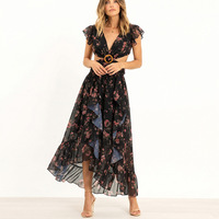 Nouvelle Robe Longue Bohème Chic en Mousseline Imprimée Florale Tissée pour Femme, Col en V, Sans Manches, Taille Découpée, Idéale pour l'Été et les Fêtes sur la Plage – Collection 2026