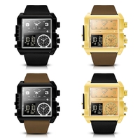 Montres de luxe de haute qualité à grand cadran, trois fuseaux horaires, montres-bracelets pour hommes, chronomètre en cuir, analogique-numérique, montres-bracelets de sport pour hommes