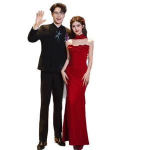 Red Strapless Mermaid Evening Gown With Floral Print Natural Waistline For Wedding Banquet And Coming Of Age Ceremony - Product Image 5