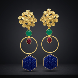 Boucles d'oreilles pendantes en laiton faites à la main, plaquées or, avec pierres précieuses, style ethnique, pour occasions festives - Product Image 2