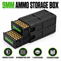 Boîte de rangement pour munitions de 9 mm, conception à 2 couches, 50 munitions par couche, boîte en plastique empilable avec tiroirs coulissants