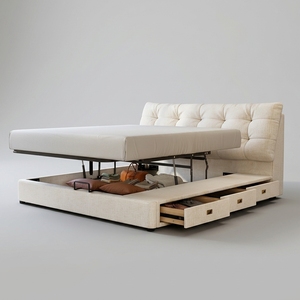 <strong>Cream</strong>-Style Fabric <strong>Pouffe</strong> Bed 1.8-Meter King-Size Double Storage Bed Frame Simple Modern Bedroom Furniture Model - Product Image 1