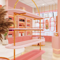 Conception de boutique de cosmétiques, éclairage LED moderne personnalisé, comptoirs de présentation, tables de maquillage, systèmes d'étagères de vente au détail