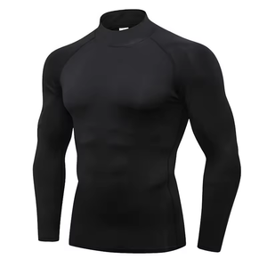 Özel erkek spor spor sıkıştırma T-Shirt uzun kollu balıkçı yaka Slim Fit kas Fit atletik giyim katı kuru Fit örme - Product Image 3
