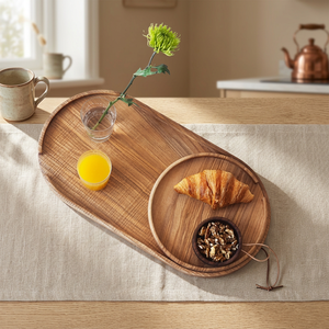 Plat de service vintage en bois d'acacia 100% écologique, gravé, de forme irrégulière, avec ou sans poignées, pour hôtels, mariages, maison - Product Image 1