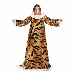Adult Wearable Blanket Warm Thickened Lambswool Winter Multifunctional Tiger Blanket with Sleeves