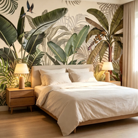 Papier peint toile personnalisé style cabane forestière à thème végétal, forêt tropicale, pour salon et chambre