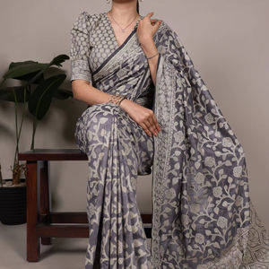 Sari gris fluide en coton et soie, motifs floraux organiques, pour soirée, 5,5 mètres, style traditionnel, prix de gros - Product Image 1