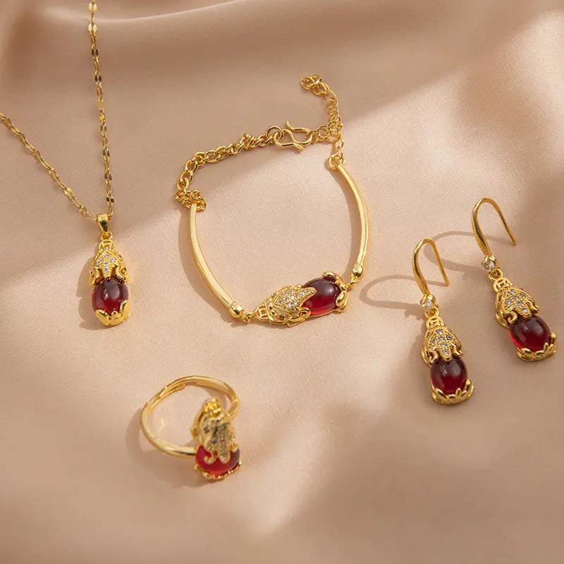 Vietnam sable or bijoux de luxe en laiton plaqué or bijoux pierres précieuses Brave anneau Bracelet pendentif boucles d'oreilles ensemble