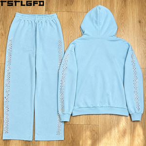 Conjunto de Sudadera con Capucha y Cremallera OEM/ODM para Hombre, Azul Bebé Iridiscente con Pedrería, Chándal Oversize de Invierno al por Mayor - Product Image 4