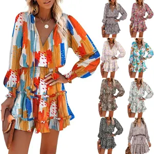 2024 Women Clothes Dresses Women'S Spring Summer Floral Print Split V Neck Ruffle Hem Chiffon Elegant Mini Short Dress