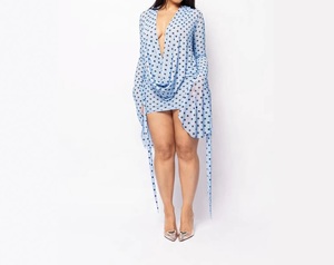 PEEQI D10165 <span class=keywords><strong>Abito</strong></span> Estivo da Donna alla Moda, Sexy, con Stampa a <span class=keywords><strong>Pois</strong></span>, Scollo a V Profondo, Maniche Lunghe Arricciate, Vestito Avvolgente con Schiena Scoperta - Product Image 3