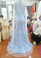 Robe de soirée longue bleue LM A720 pour femme, style doux, motif léopard, dentelle diamantée, fleur, pour anniversaire, bal de promo, fête