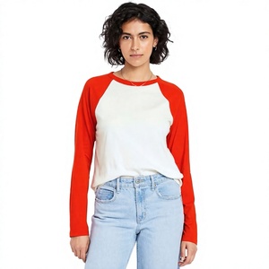 Camiseta de Manga Larga Raglán para Mujer, Color Blanco y Rojo, Cuello Redondo, Informal, Tejida, 100% Algodón, Transpirable, Corte Regular, para Todas las Temporadas - Product Image 4