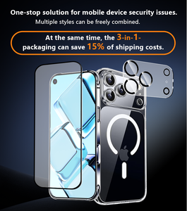 En stock – Vente en gros – Coque de téléphone 3-en-1 avec protection d'écran en verre trempé 9H et protection d'objectif d'appareil photo pour <span class=keywords><strong>iPhone</strong></span> 14 15 16 17 18 Pro Max - Product Image 3