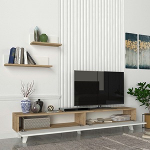 Mobile <span class=keywords><strong>TV</strong></span> in Legno con Spazio di Archiviazione Versatile e 2 Mensole a <span class=keywords><strong>Muro</strong></span> per Soggiorno, Ordine all'Ingrosso dalla Fabbrica - Product Image 3