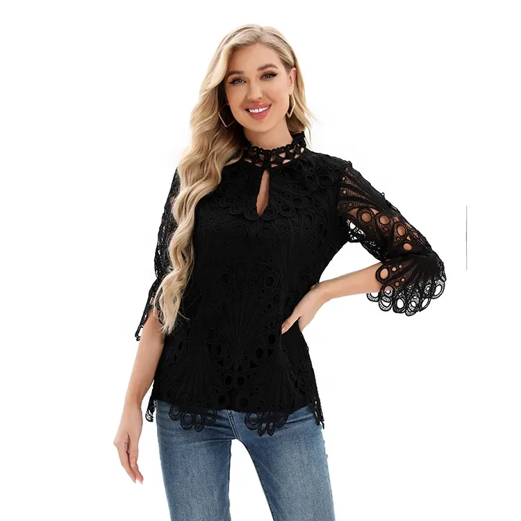 Woman Summer Long Sleeve with Ruffled Cuff Round Neck Crochet Lace Blouse Front Keyhole Embroidered Chemical Lace Tops